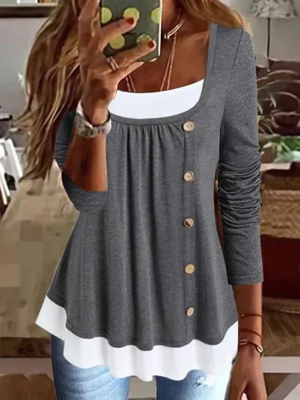 Women's Long Sleeve U-Neck Buttons Top
