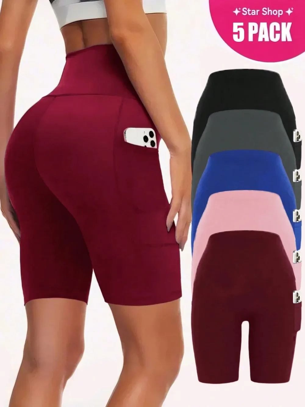 5 Pack Women's Biker Shorts With Pockets, 11