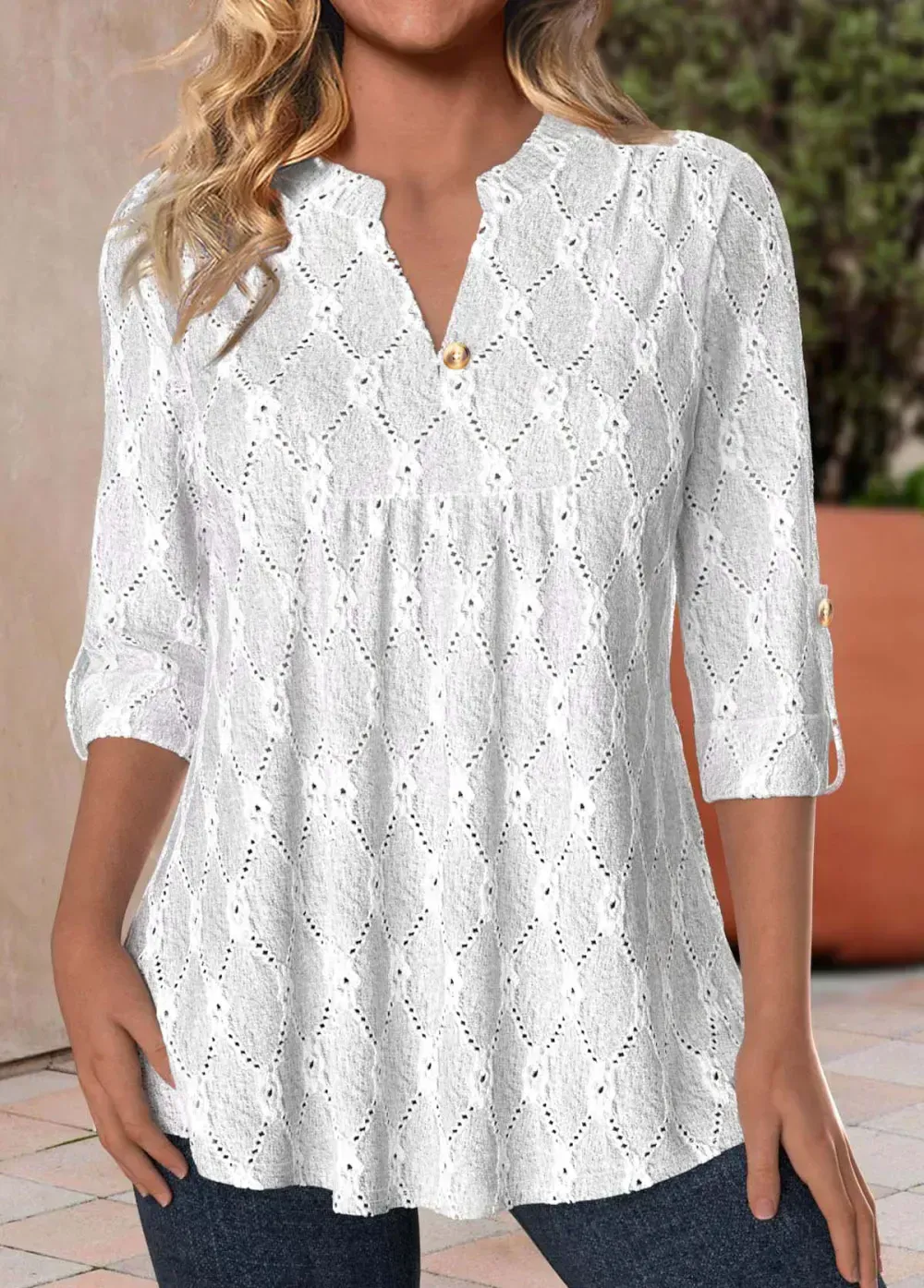 White Textured Fabric 3/4 Sleeve Split Neck Blouse