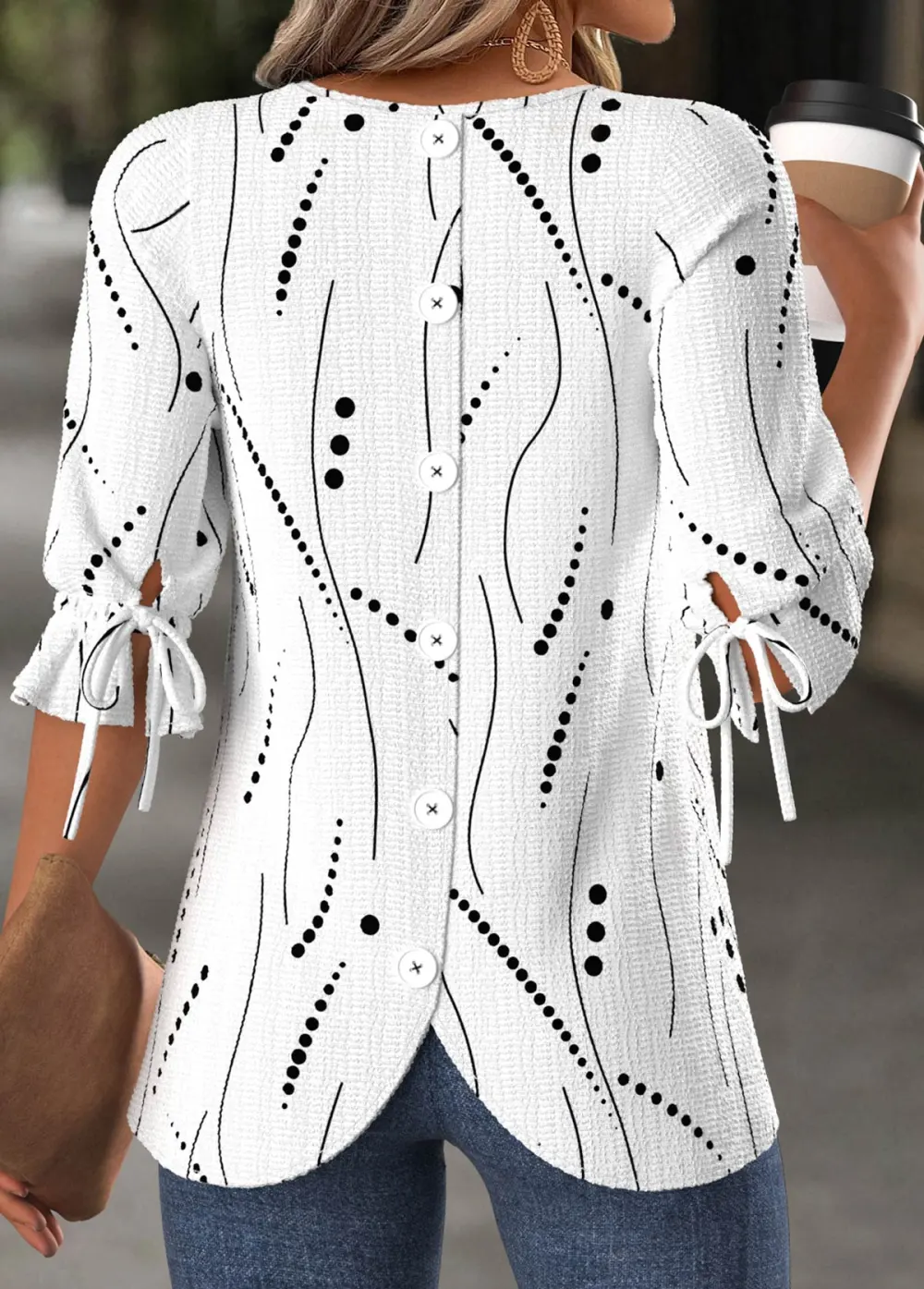 White Geometric Print Half Sleeve Round Neck T Shirt