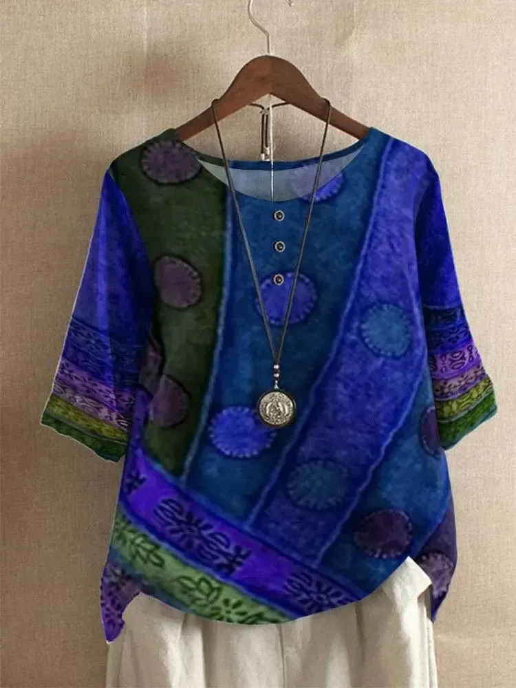 Tribal Pattern O-neck Half Sleeve Loose Women T-shirt