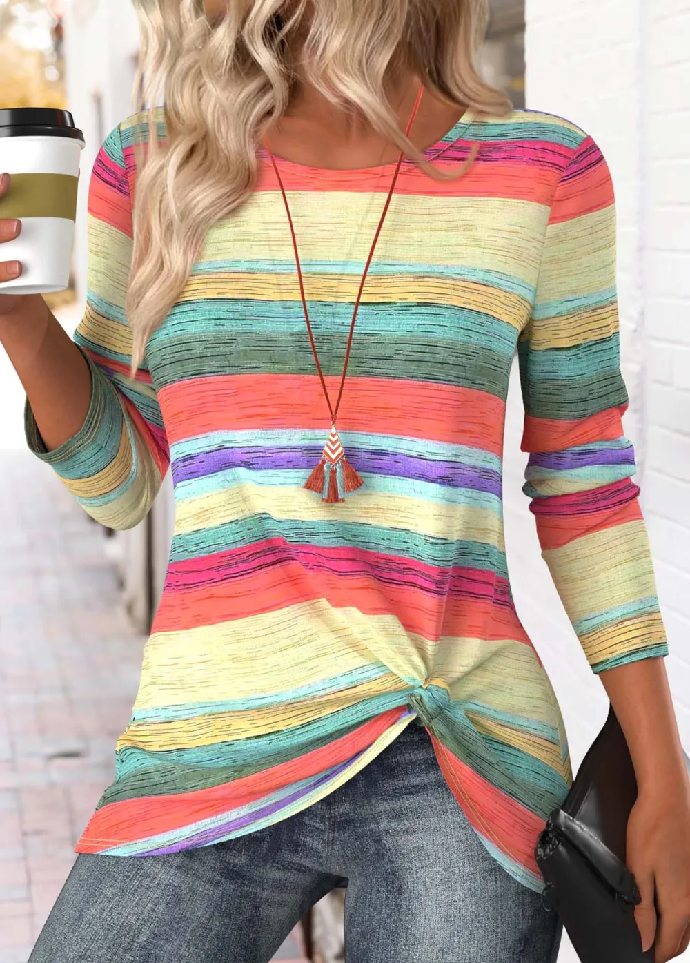 Multi Color Striped Long Sleeve Round Neck T Shirt