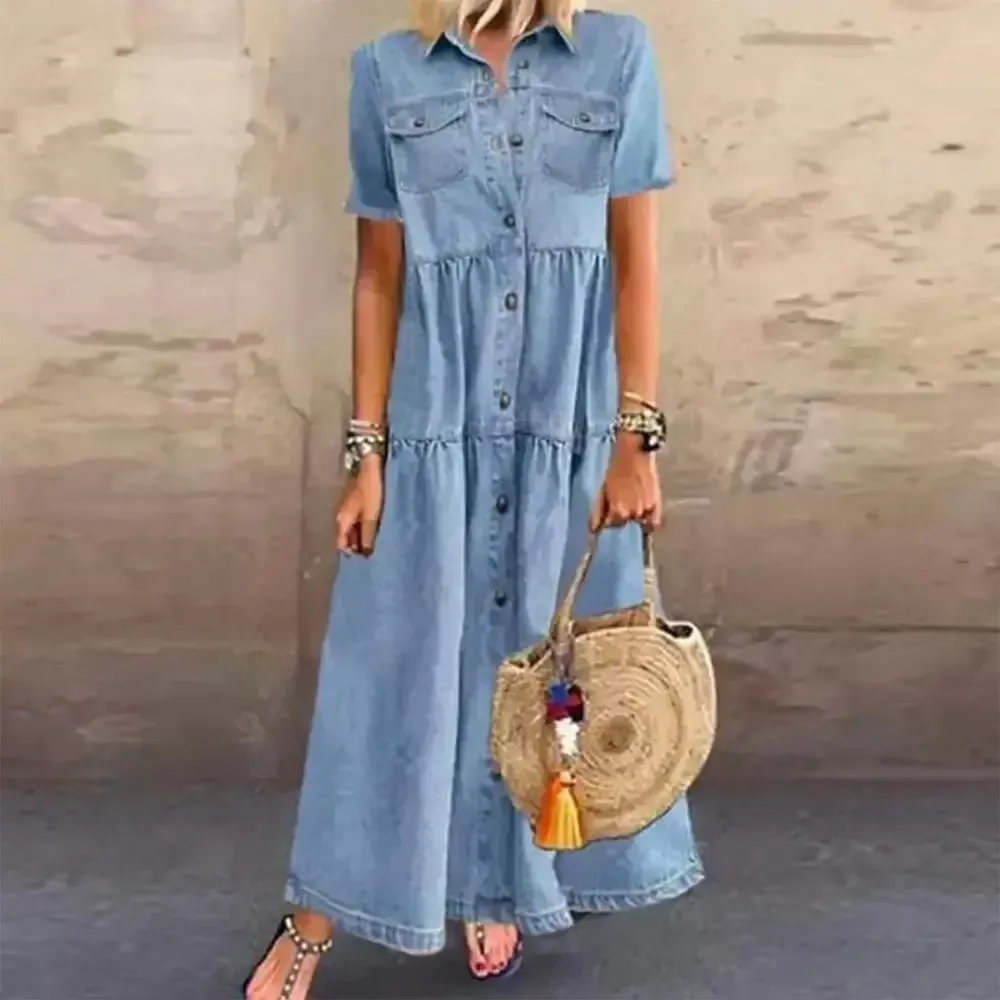 Light Double Pocket Button Front Maxi Dress