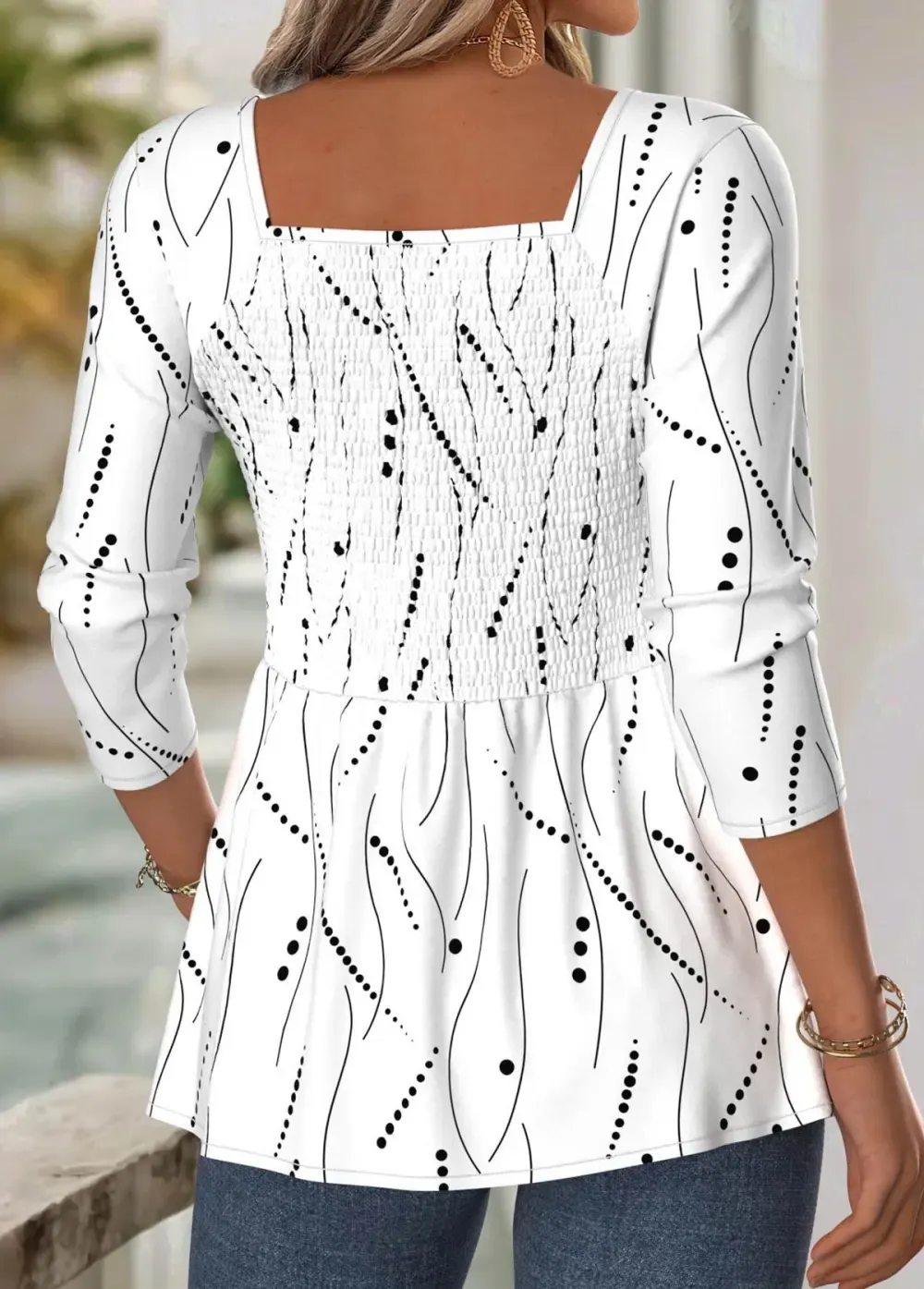 White Geometric Print Long Sleeve Square Neck Blouse