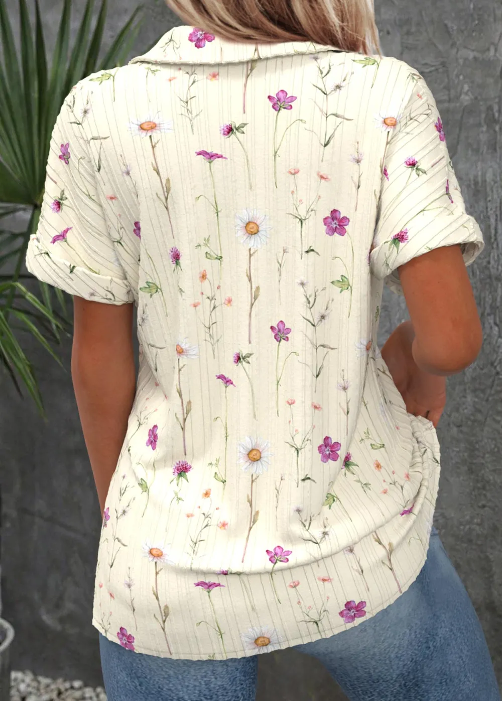 Beige Ditsy Floral Print Short Sleeve Shirt Collar Blouse