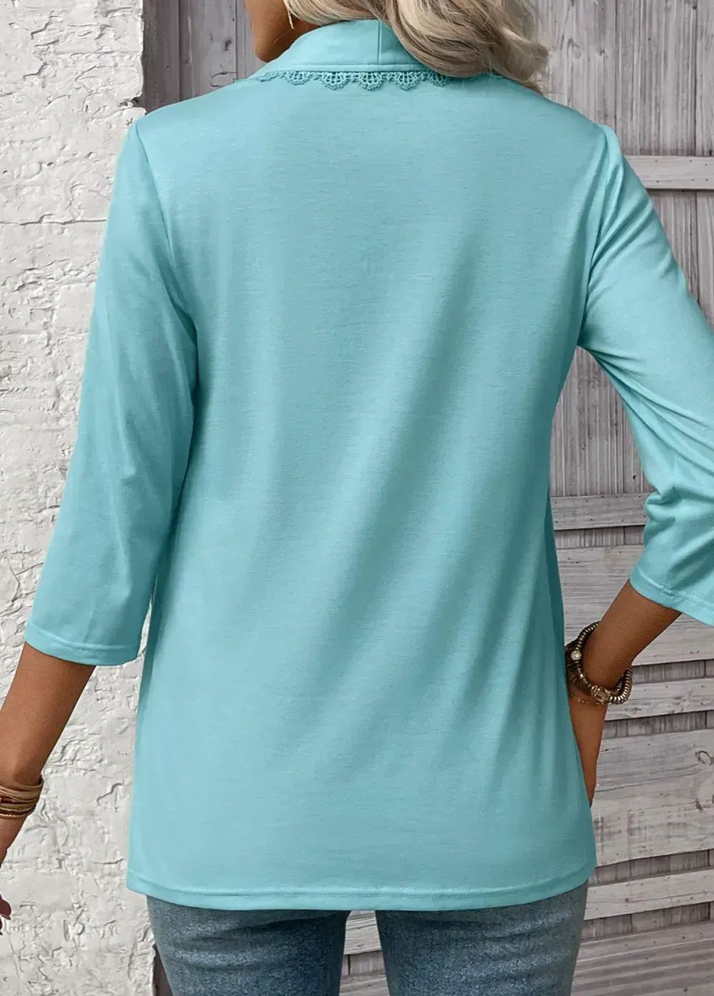 Mint Green Lace 3/4 Sleeve Square Neck T Shirt