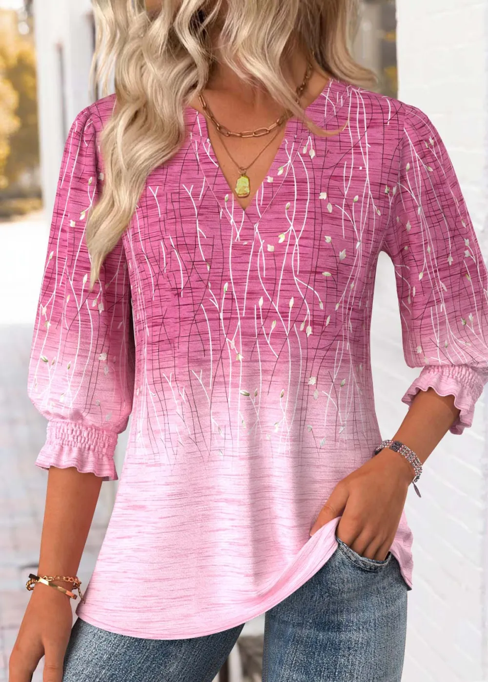 Pink Ombre 3/4 Sleeve Round Neck Blouse