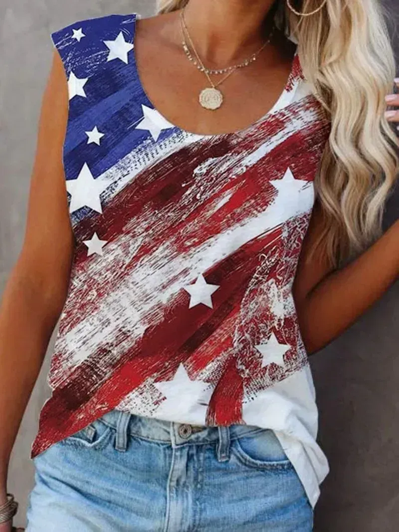Women Sleeveless Scoop Neck Star Printed Top