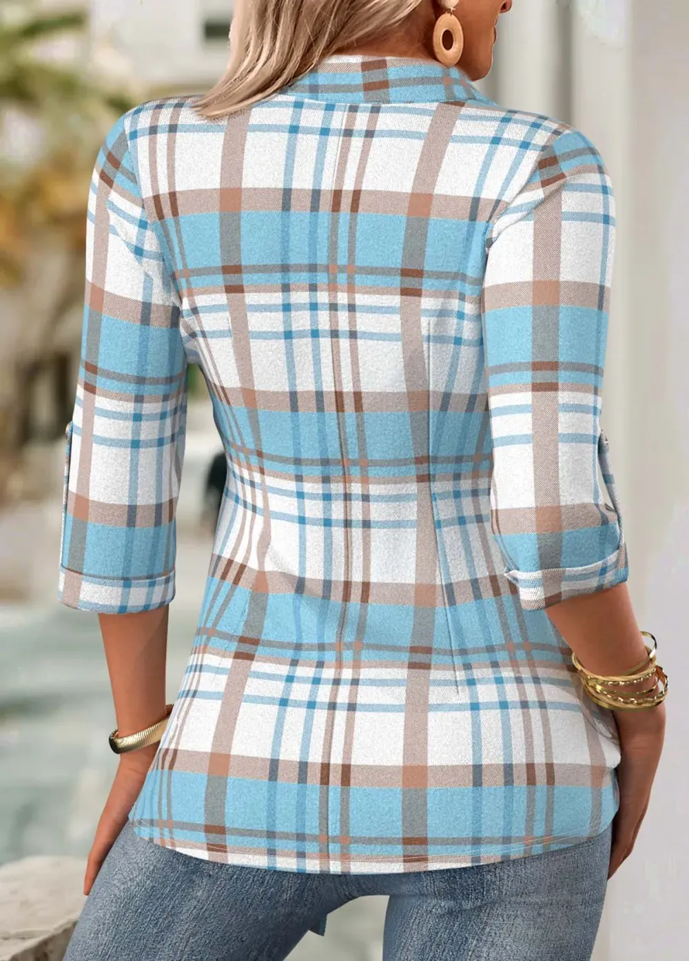 Multi Color Plaid 3/4 Sleeve Fake Two Piece Twinset