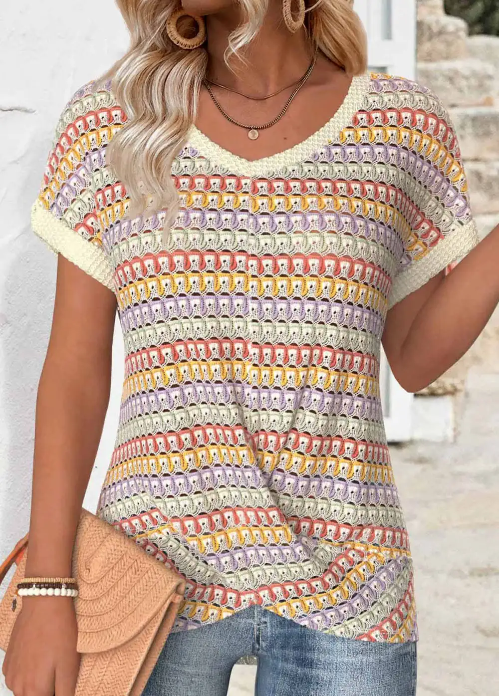 Multi Color Short Sleeve Hollowedout T Shirt