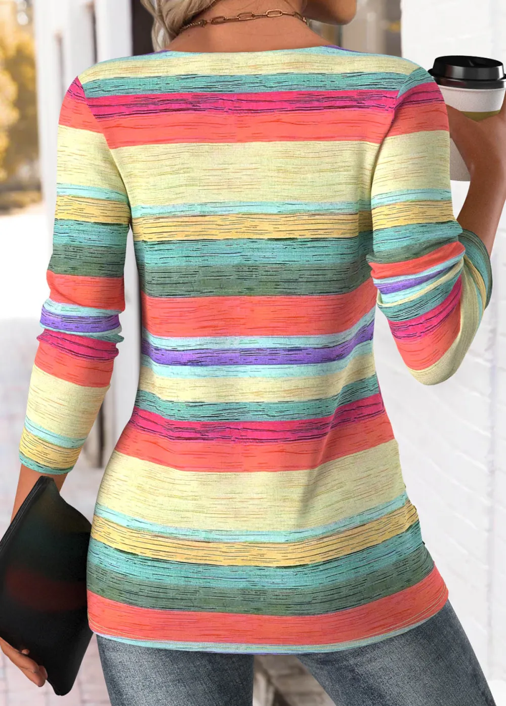 Multi Color Striped Long Sleeve Round Neck T Shirt