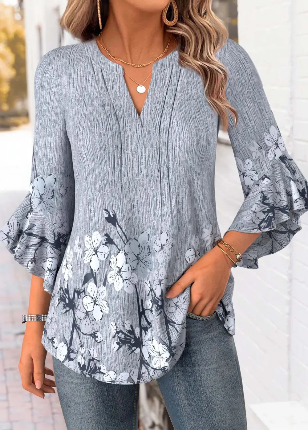 Light Grey Marl Floral Print 3/4 Sleeve Blouse