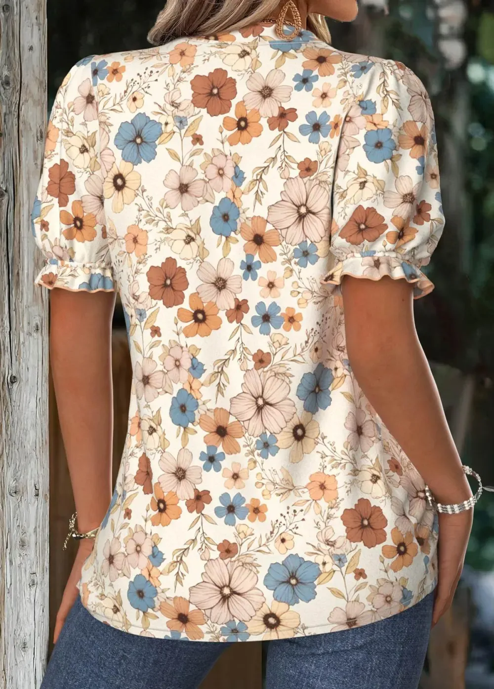 Beige Floral Print Short Sleeve Stand Collar Blouse