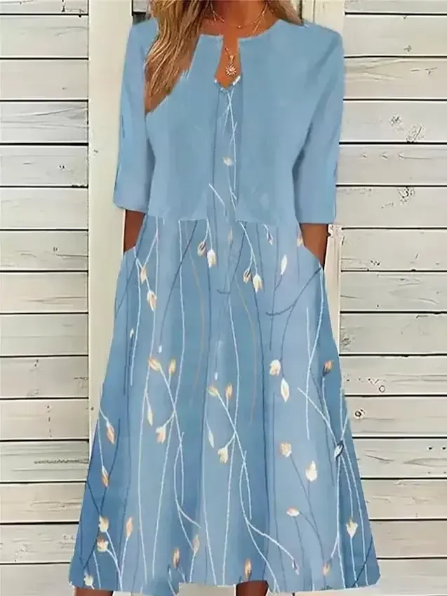 Blue Print Half Sleeve Midi Dress