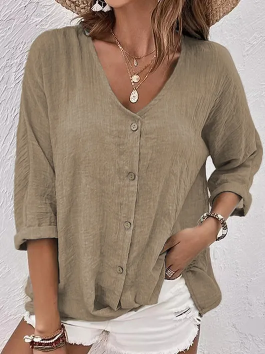 V-Neck Button-Down Solid Color Casual Top