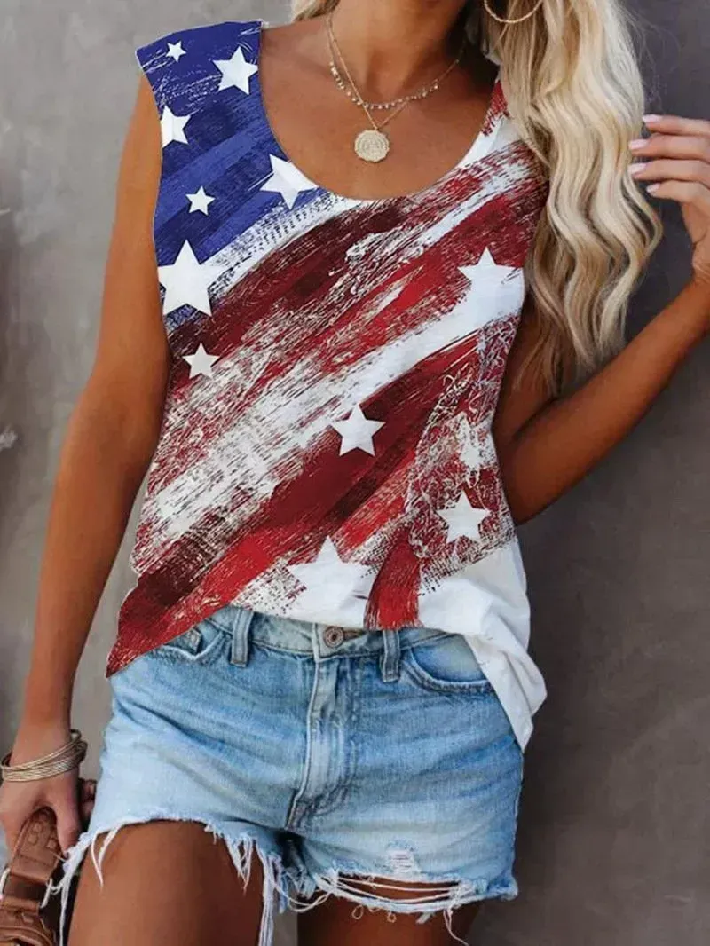 Women Sleeveless Scoop Neck Star Printed Top
