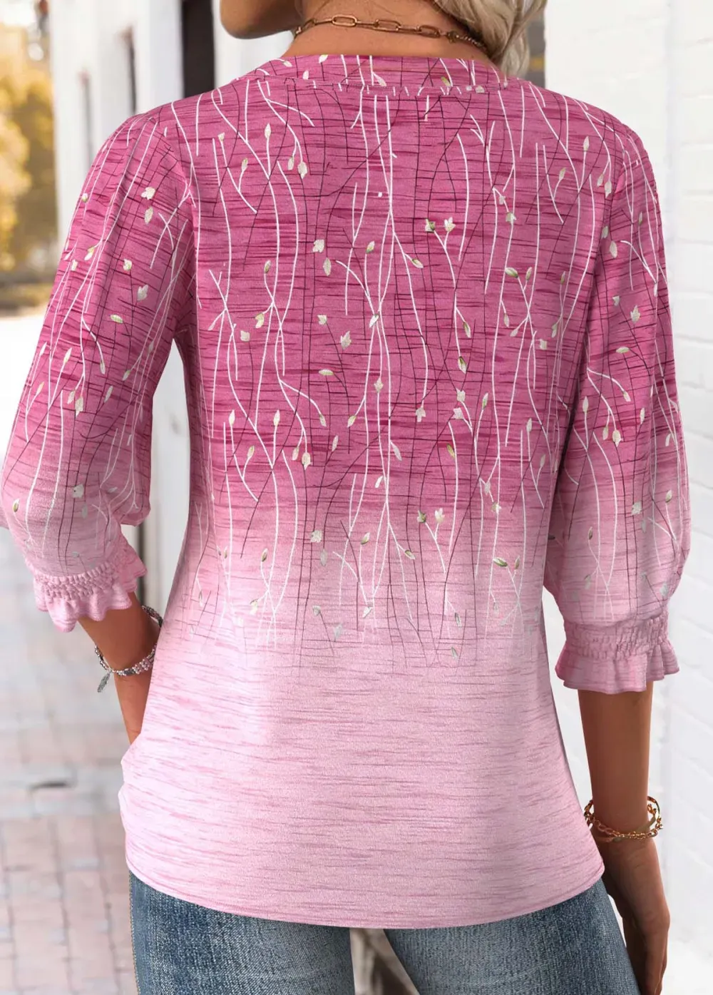 Pink Ombre 3/4 Sleeve Round Neck Blouse
