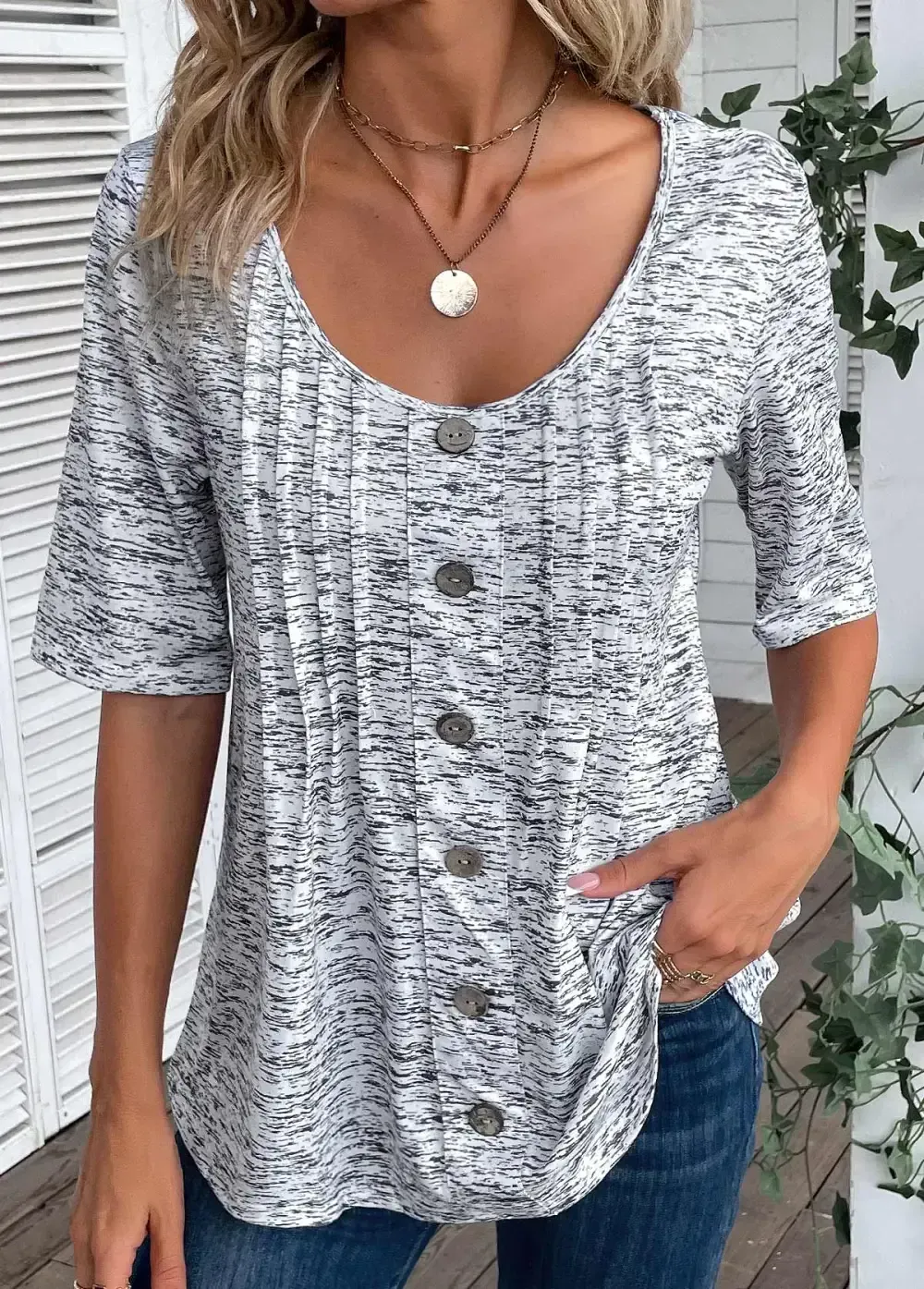 Light Grey Marl Button Half Sleeve T Shirt