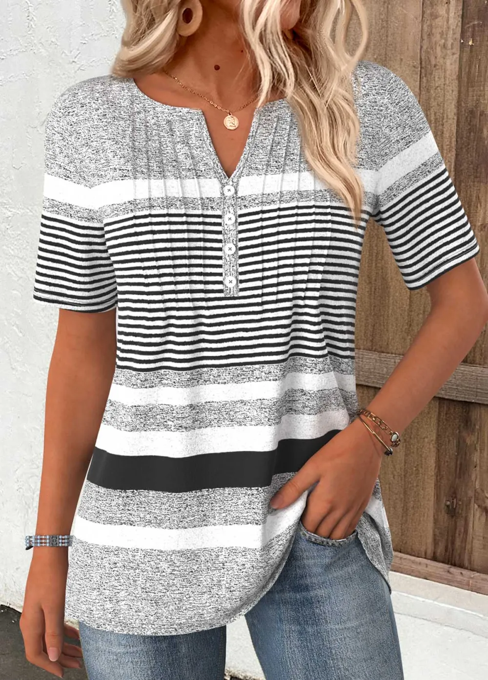 Light Grey Marl Striped Short Sleeve T Shirt