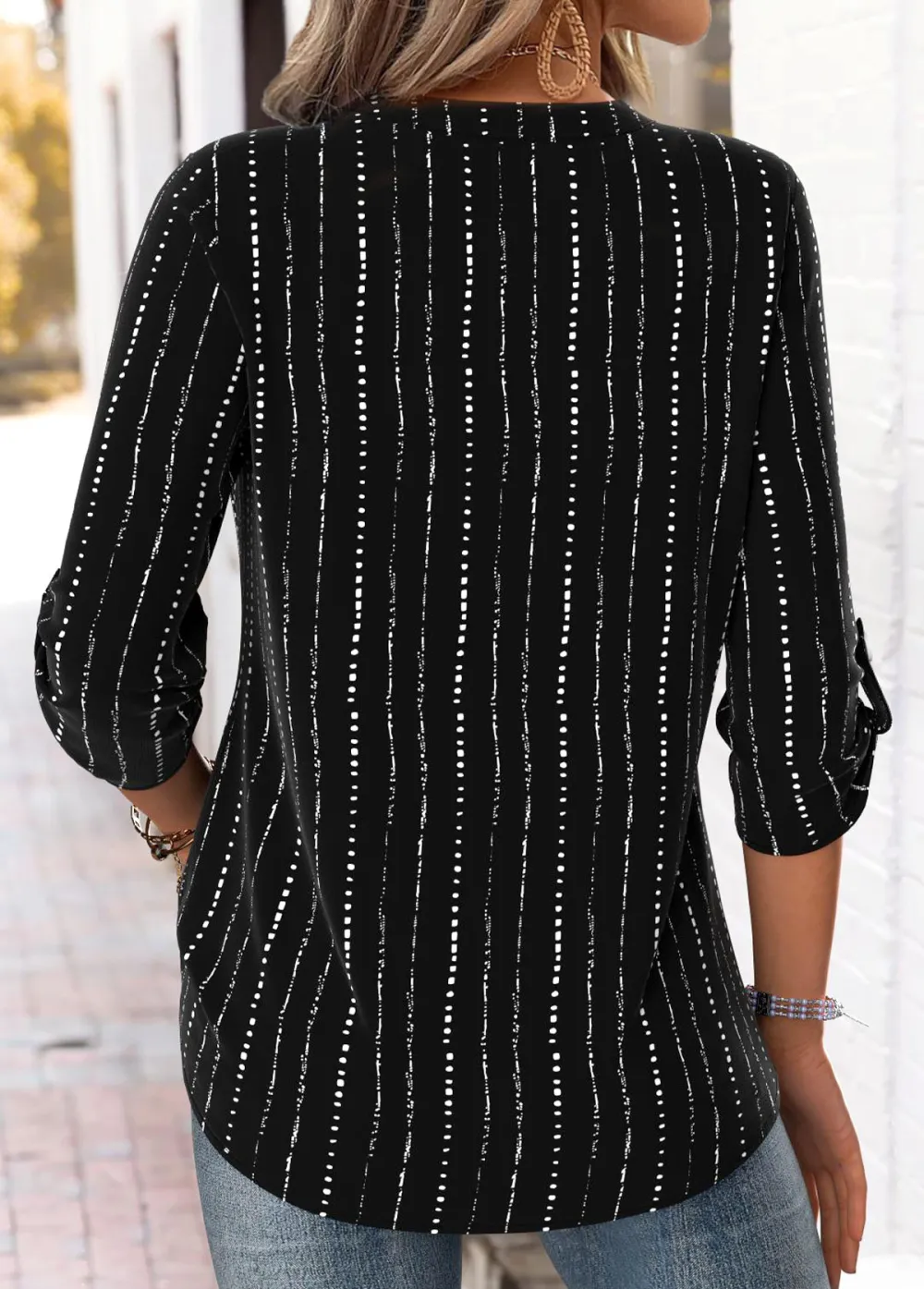 Black Polka Dot 3/4 Sleeve Split Neck Blouse