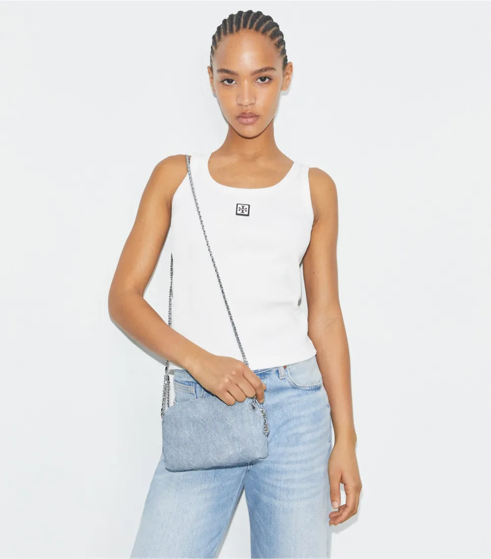 Fleming Soft Denim-Print Suede Crossbody Bag