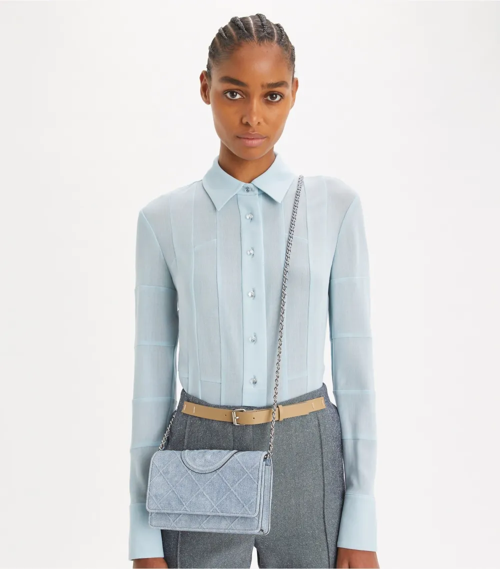 Fleming Denim-Print Suede Crossbody