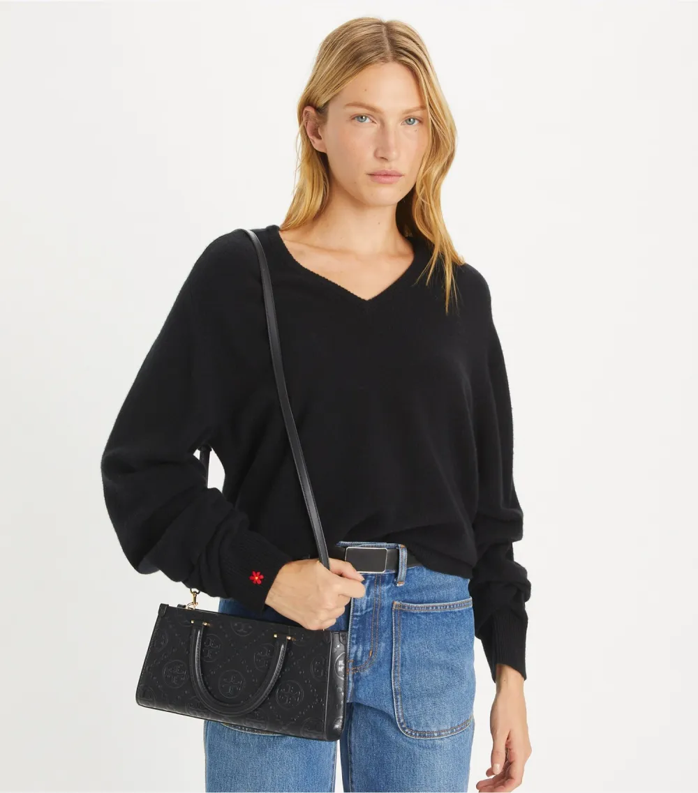 T Monogram Embossed Small East-West Tote