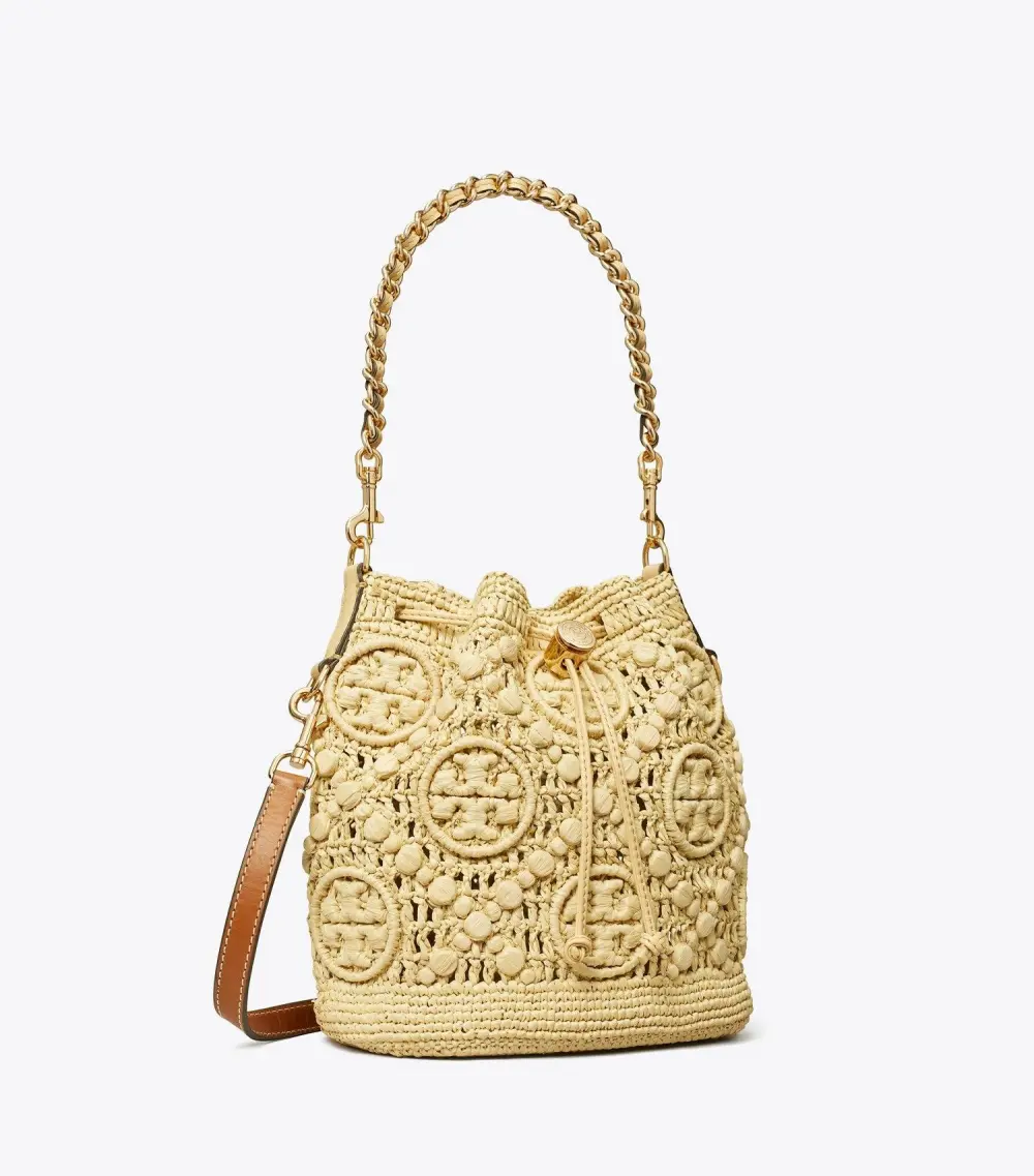 T Monogram Raffia Bucket Bag