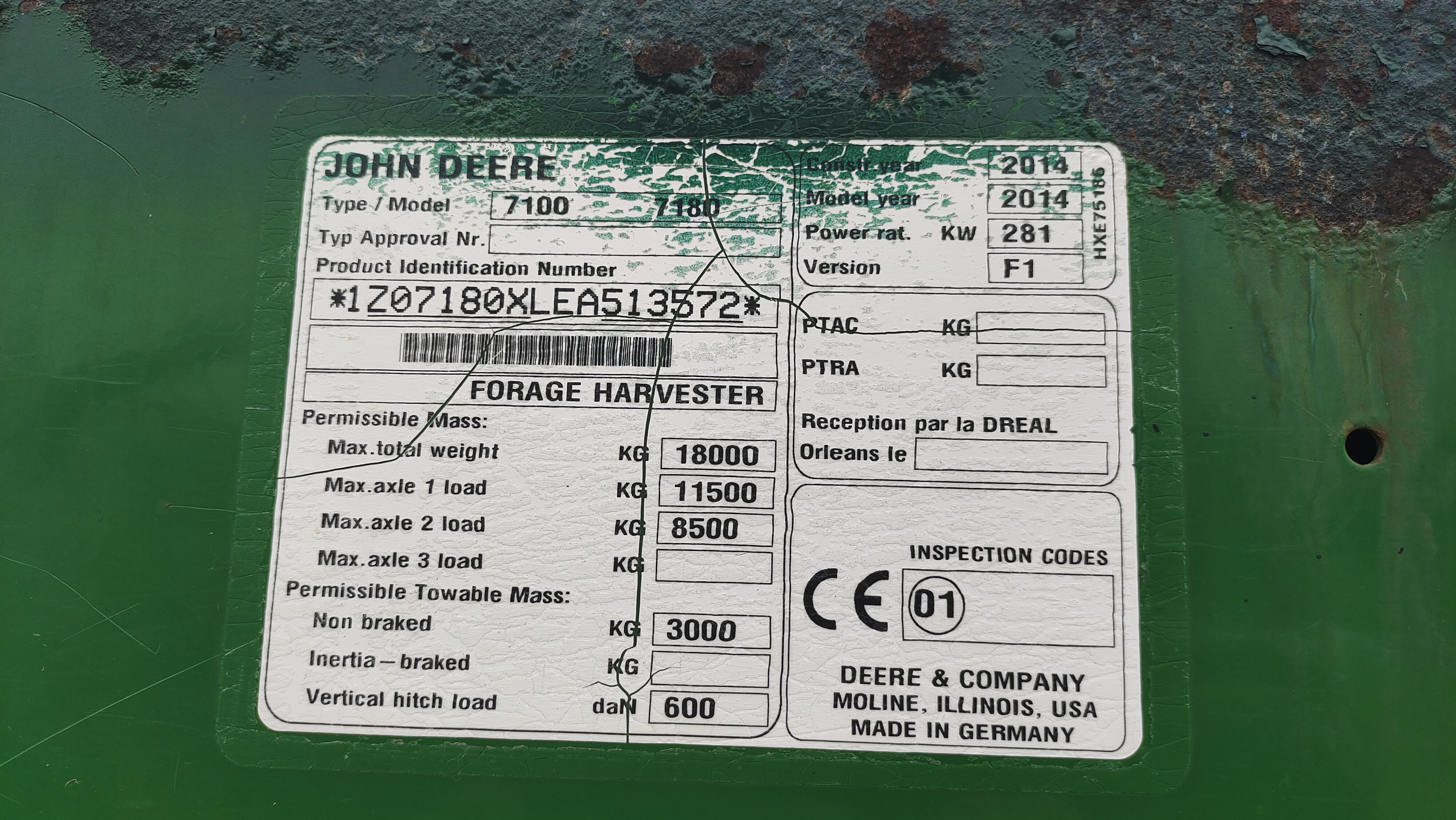 John Deere Forage Haverster 7180, Year 2014， KW 281