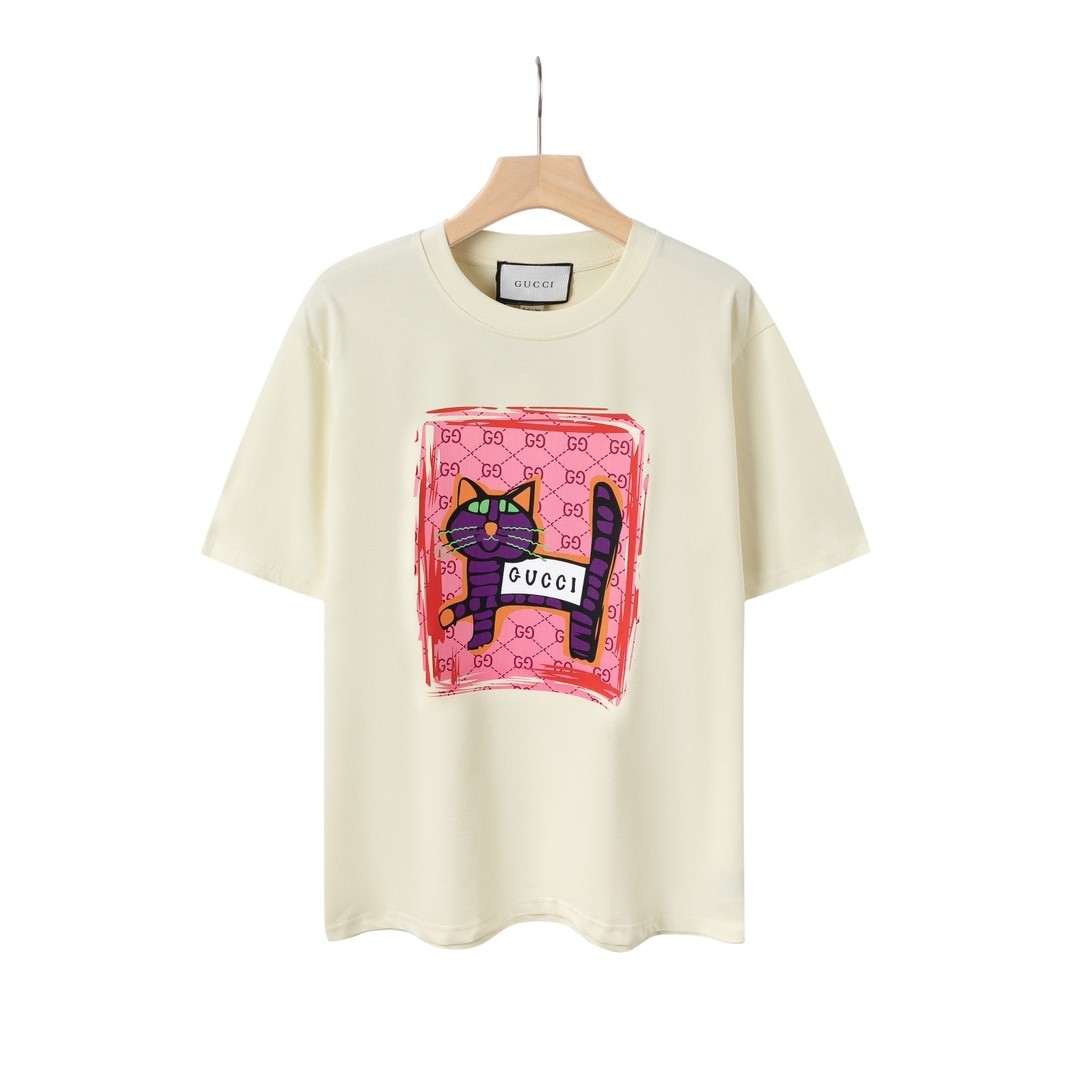 G design Little Cute Cat Printed Round Collar Cotton Summer Unisex Fashion T-shirt