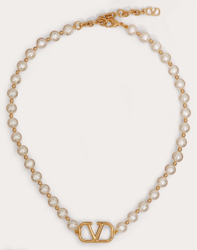 V styleMetal Logo Necklace with White Pearls