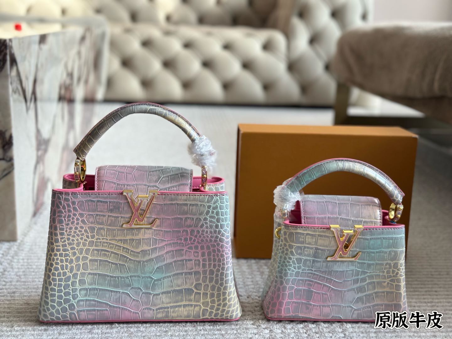 L Capucines rainbow crocodile print tote