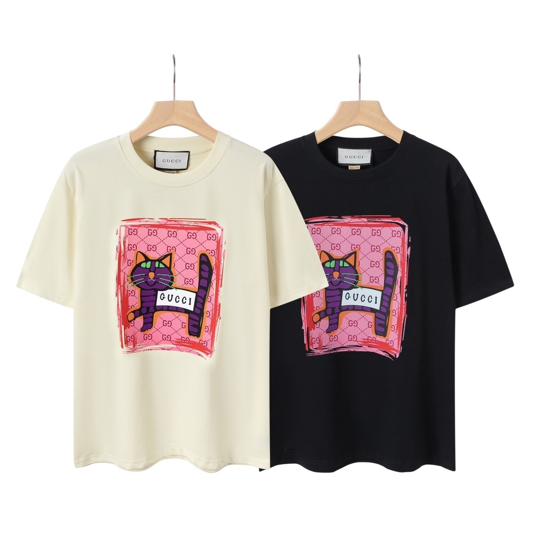 G design Little Cute Cat Printed Round Collar Cotton Summer Unisex Fashion T-shirt