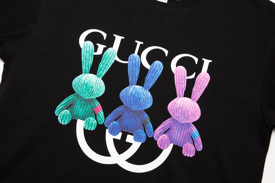 G design Summer Three Cute Rabbit Printed Round Collar Unisex Cotton Breathable T-shirt