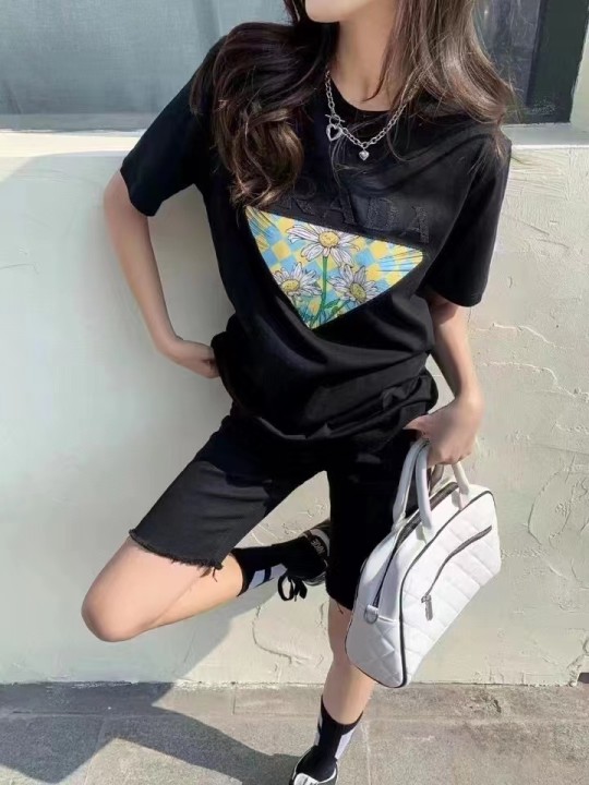 P design floral LOGO printed loose short sleeve T-shirt