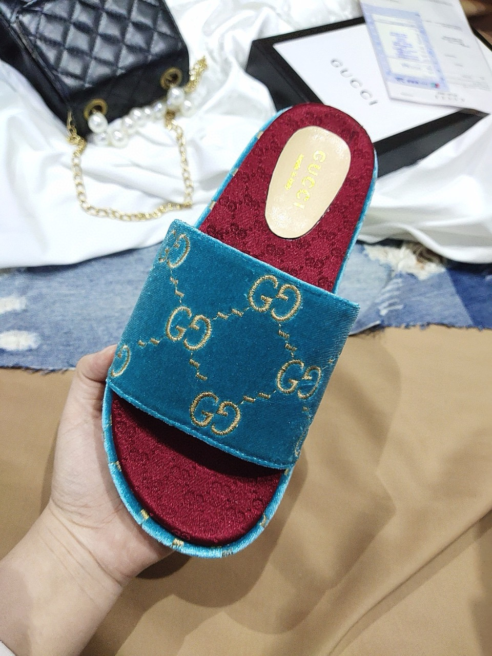 G Suede thick-soled slippers