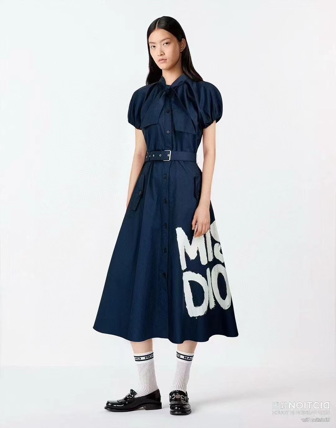 D new MISS printed waisted bubble short-sleeved dress