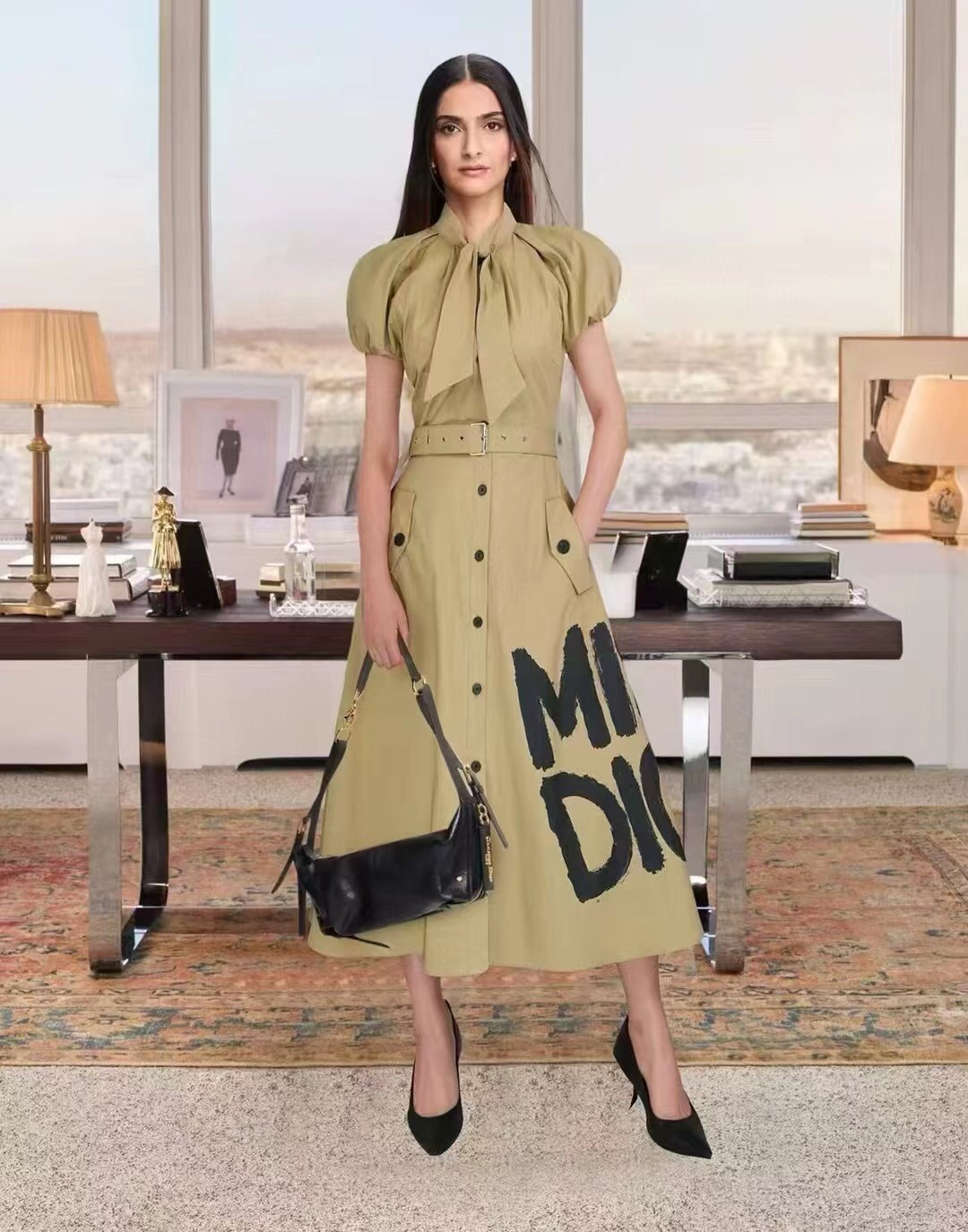 D new MISS printed waisted bubble short-sleeved dress