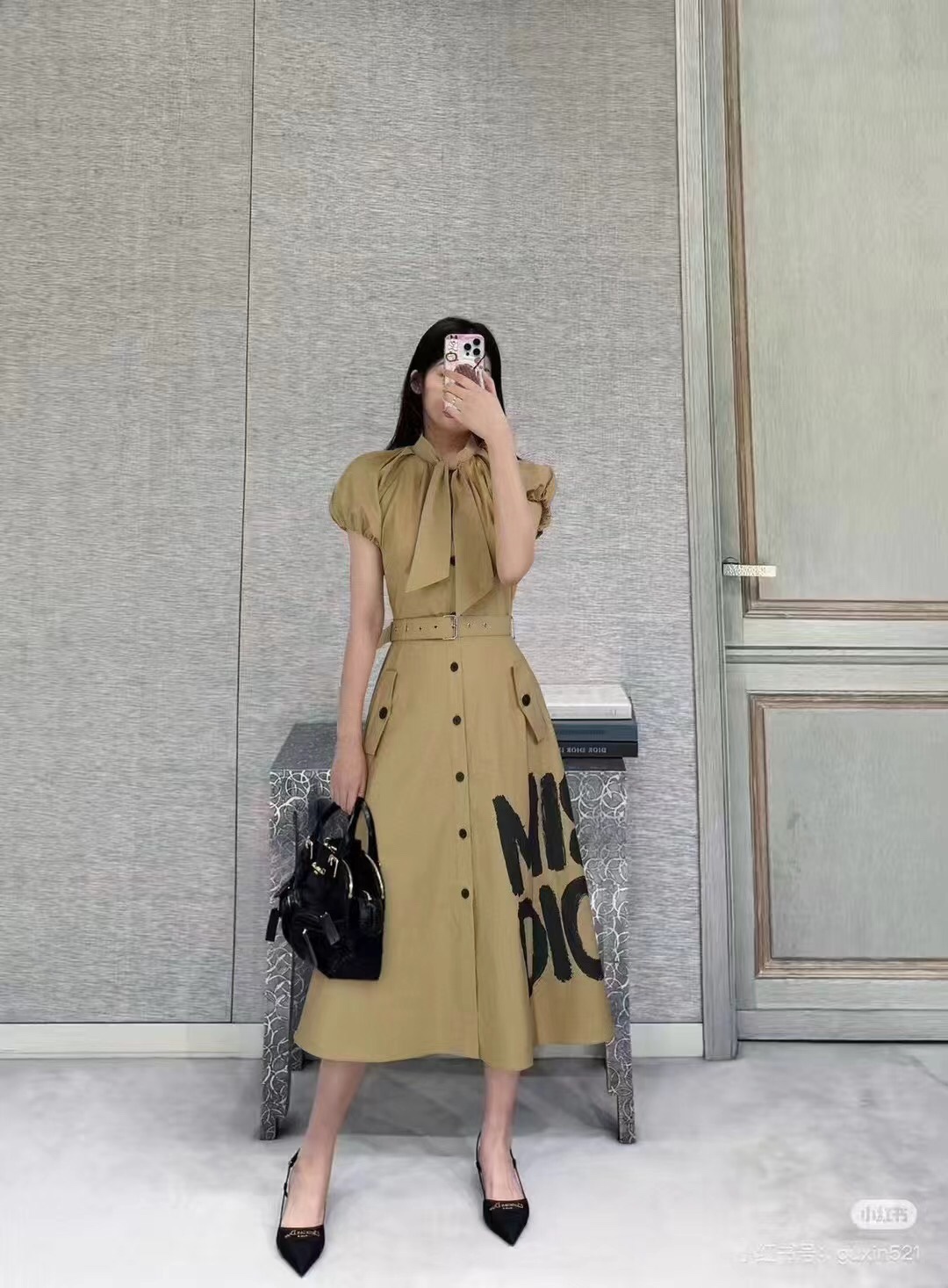 D new MISS printed waisted bubble short-sleeved dress