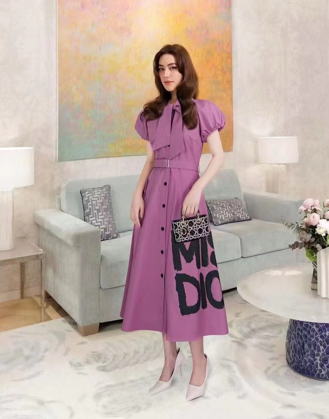 D new MISS printed waisted bubble short-sleeved dress