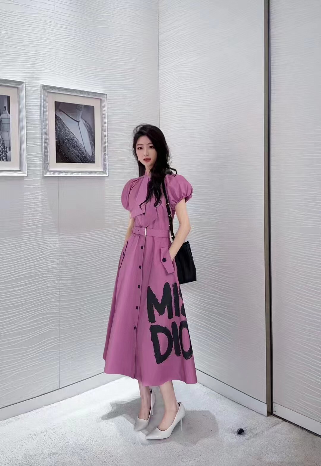 D new MISS printed waisted bubble short-sleeved dress