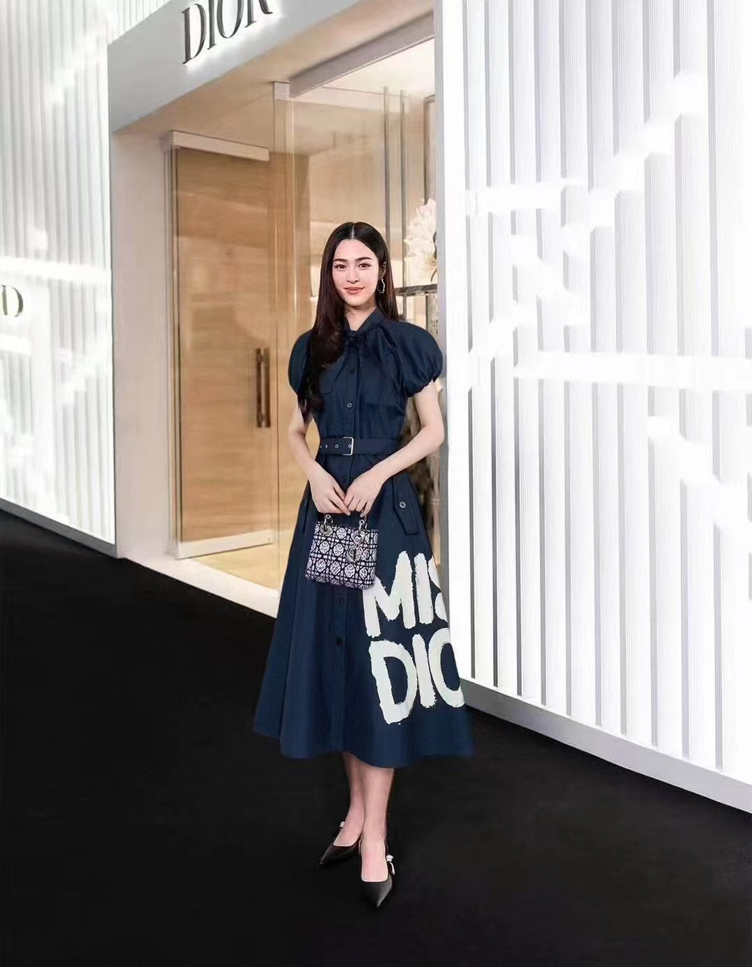 D new MISS printed waisted bubble short-sleeved dress