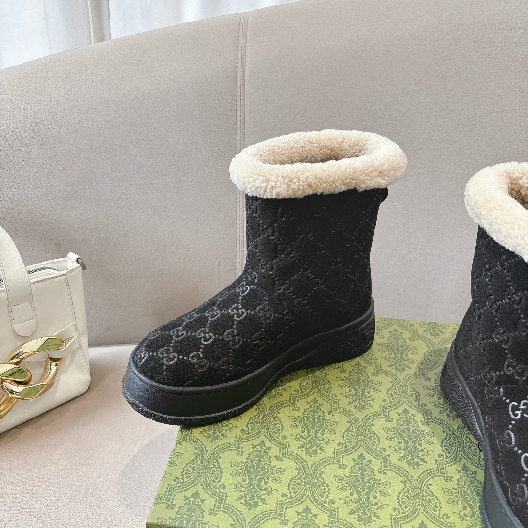 GUCC&I High quality leather wool printed snow boots
