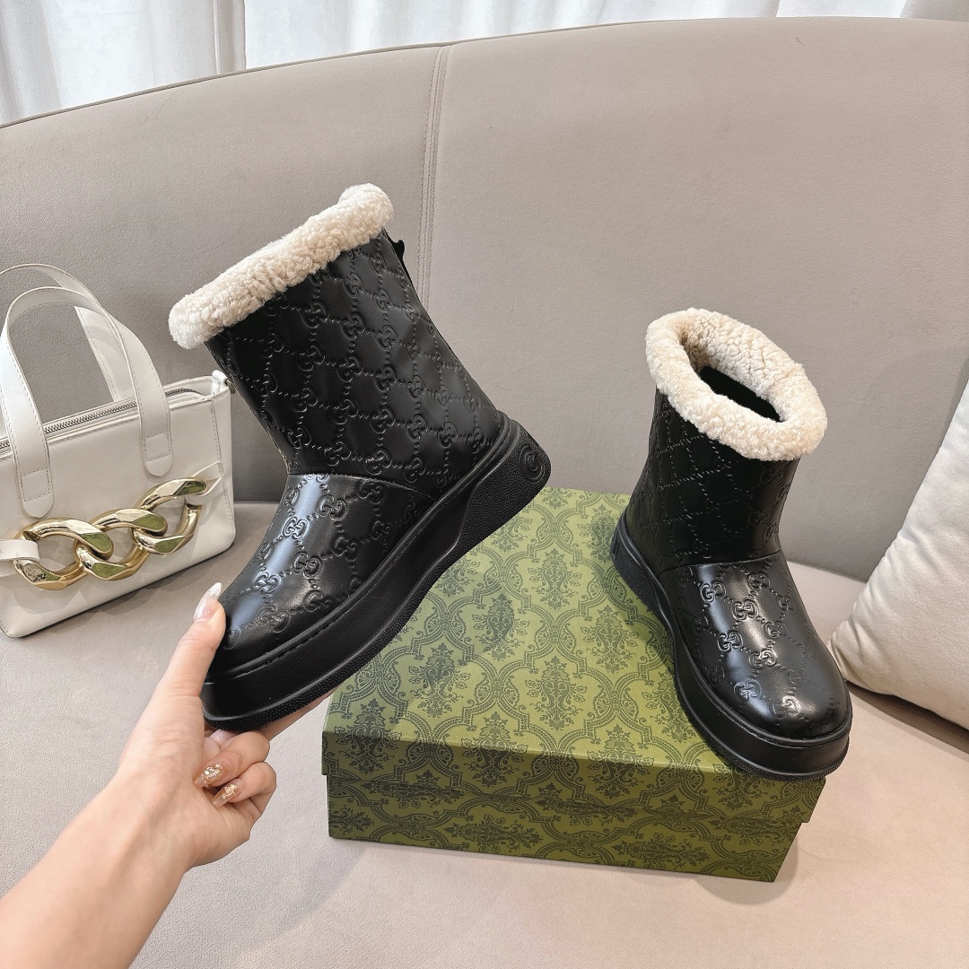 GUCC&I High quality leather wool printed snow boots