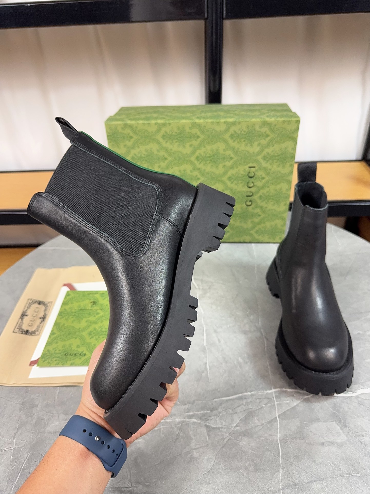 Gucc&i2024 new double GG printed platform platform boots Chelsea ankle boots for men and women