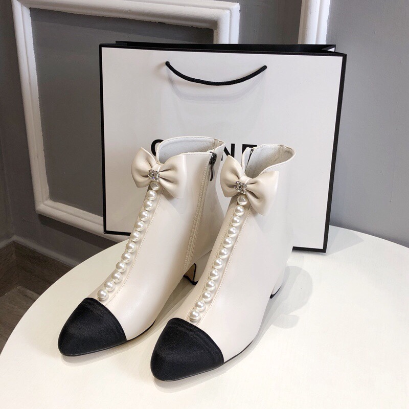C design  autumn&winter pearl chunky heel short ankle boots with bow-knots