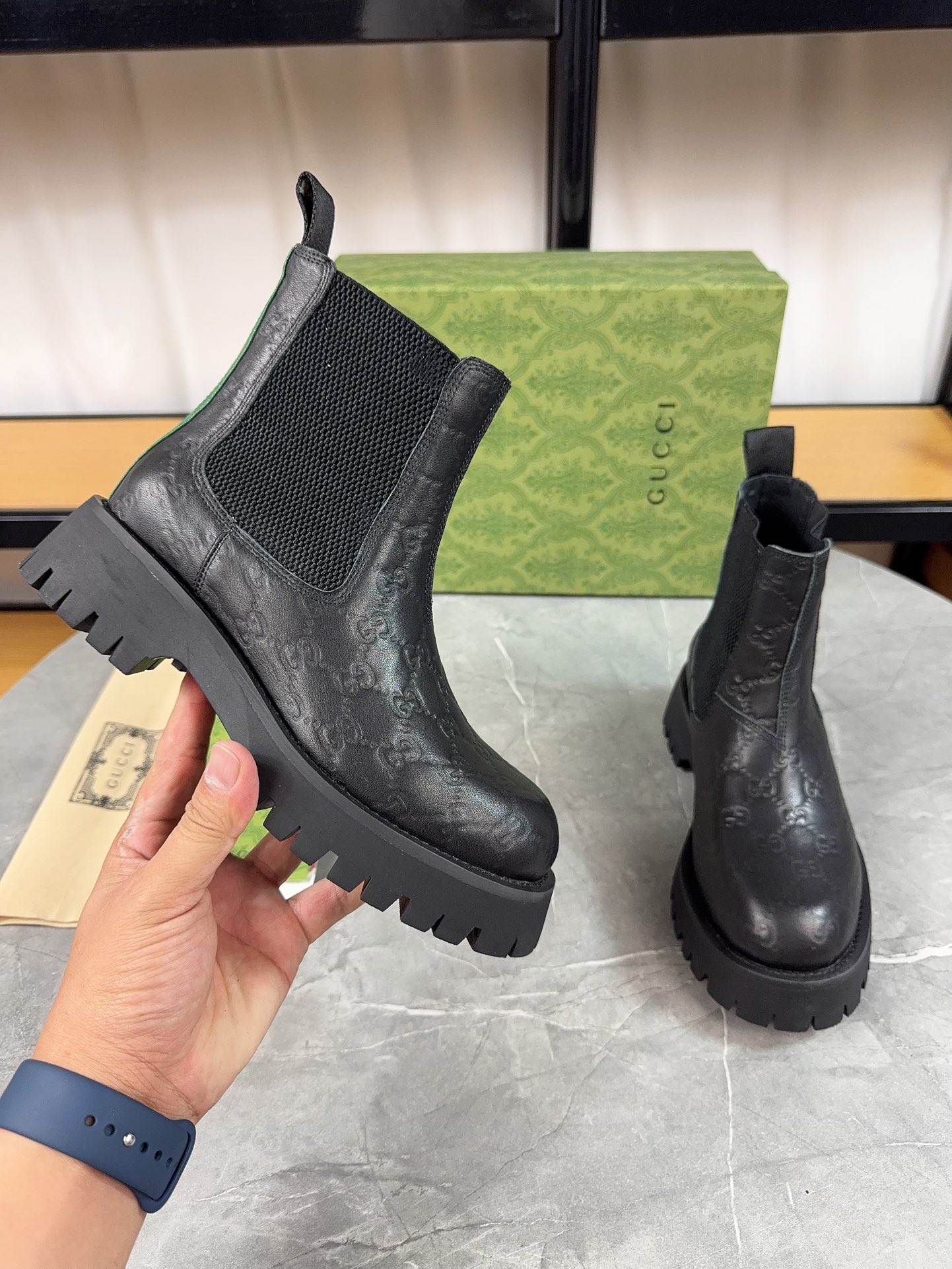 Gucc&i2024 new double GG printed platform platform boots Chelsea ankle boots for men and women