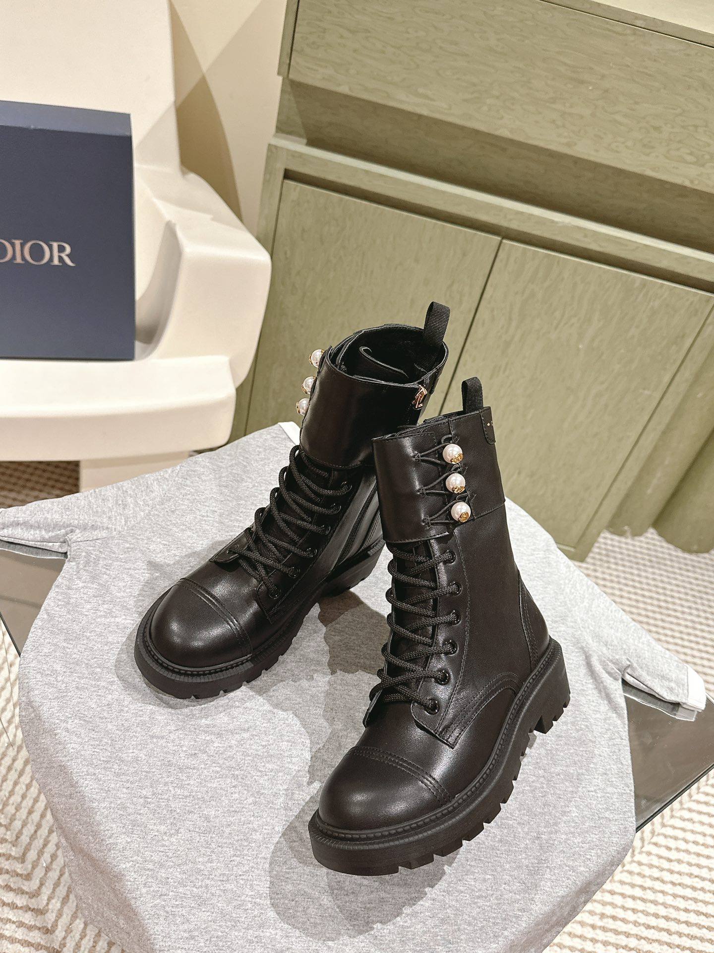 Dior Open Edge Beaded Pearl Buckle Lace-Up Boots