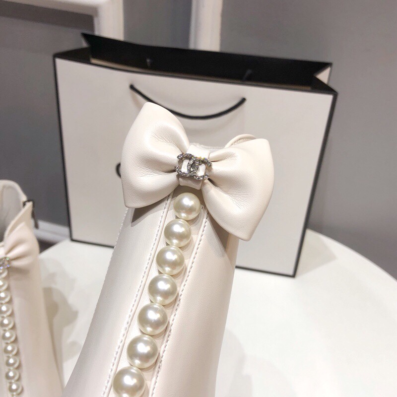 C design  autumn&winter pearl chunky heel short ankle boots with bow-knots