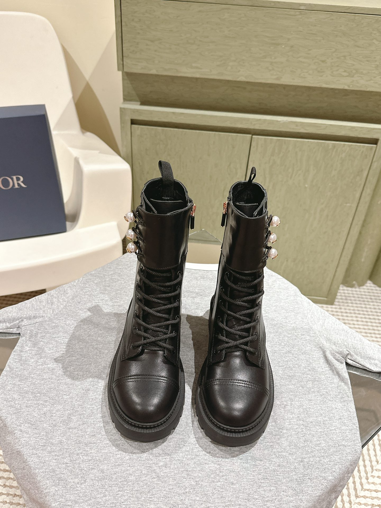 Dior Open Edge Beaded Pearl Buckle Lace-Up Boots